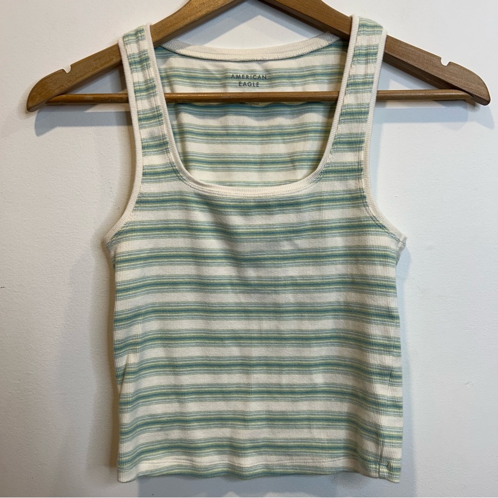 American Eagle Ribbed Striped Tank Top White Green Blue
